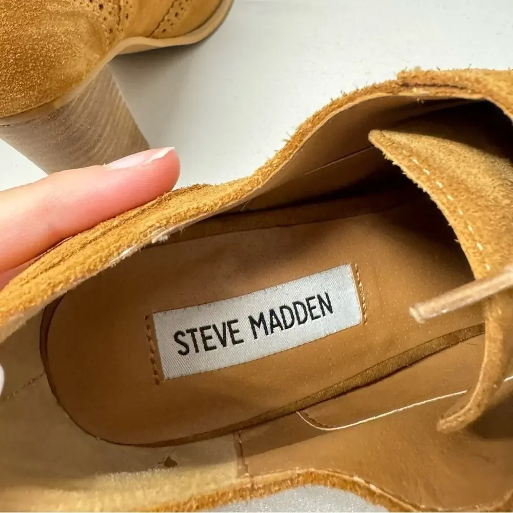 Steve Madden Tan Leather Oxford Lace Up Boots Women’s 6.5 Stacked Heel Booties